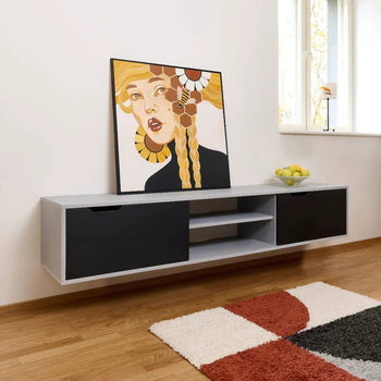 Zwevende TV-meubel grijs met zwarte schuifdeuren - 200cm